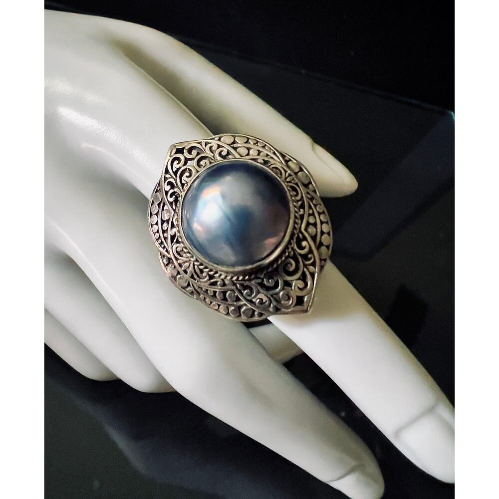Large Vintage Mabe Pearl Bali Filigree Ring - Picture 2 of 11